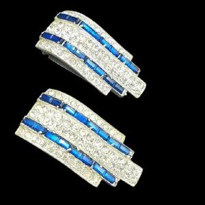 Antique Art Deco Pair Sapphire Rhinestone Architectural Dress Clips